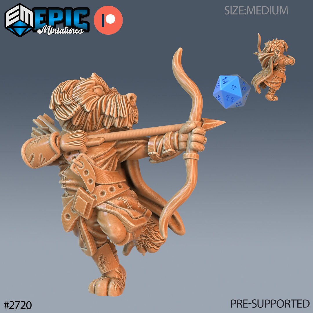 Resin miniatures by Epic Miniatures. Anthropomorphic dog option #1: archer with bow drawn.