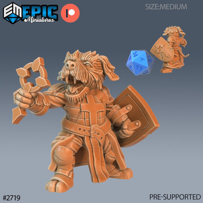 Resin miniatures by Epic Miniatures. Anthropomorphic dog option #2: cleric holding a holy symbol in one paw, a shield in the other.