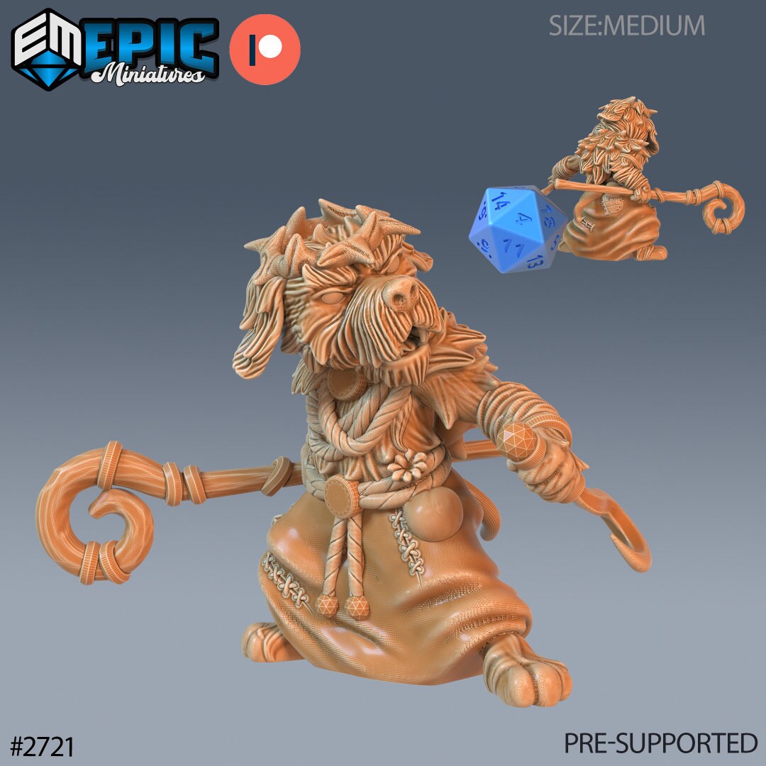 Resin miniatures by Epic Miniatures. Anthropomorphic dog option #3: druid holding a staff in one paw, a sickle in the other.
