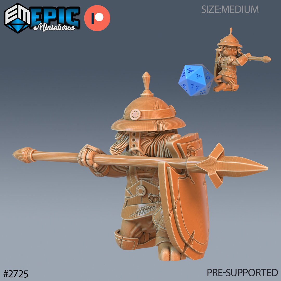 Resin miniatures by Epic Miniatures. Anthropomorphic dog option #8: helmeted pikeman kneeling behind long shield. Suitable for shield wall or phalanx.