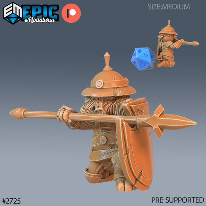 Resin miniatures by Epic Miniatures. Anthropomorphic dog option #8: helmeted pikeman kneeling behind long shield. Suitable for shield wall or phalanx.