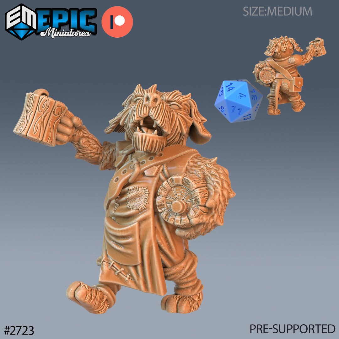Resin miniatures by Epic Miniatures. Anthropomorphic dog option #6: reveler with raised mug, cask under his arm.