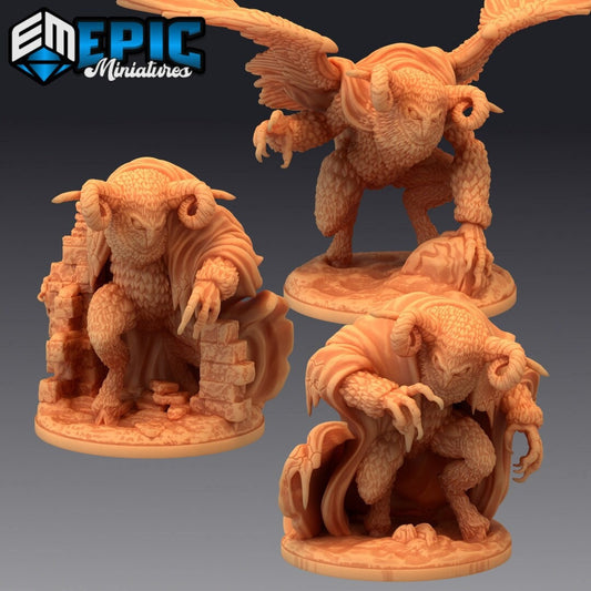 Resin miniatures by Epic Miniatures. Three anthropomorphic owl options with ram horns and taloned hands.
