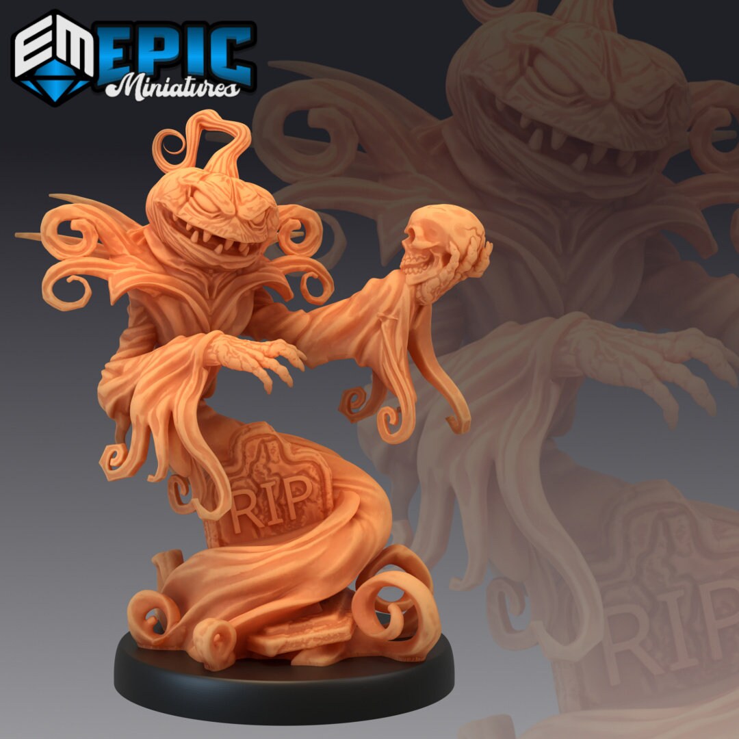 Resin miniature by Epic Miniatures. Pumpkin reaper option #5: pumpkin-headed, robed figure curled around a headstone, holding a skull.
