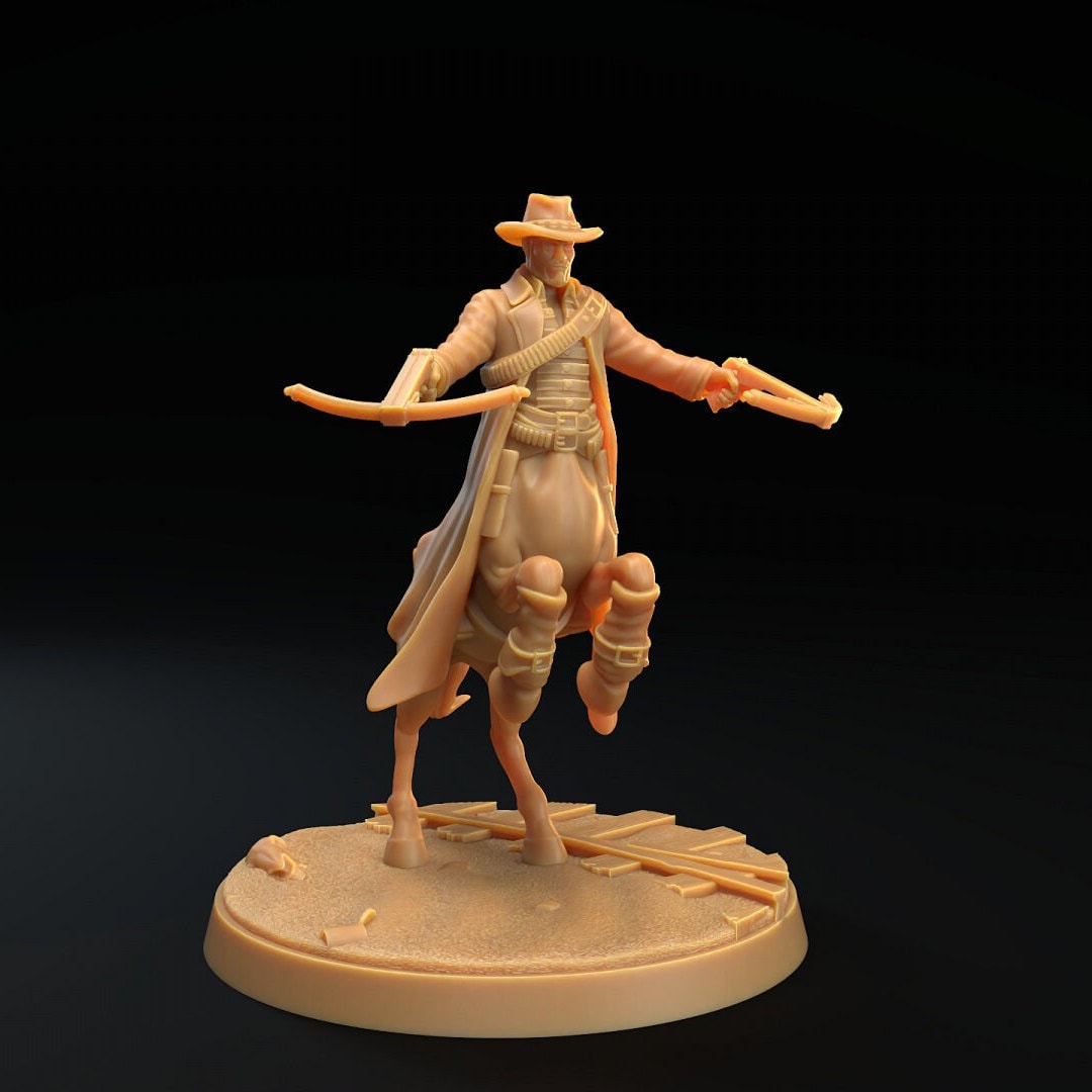 Cowboy centaur resin miniature by The Dragon Trappers Lodge, variant #2 with dual crossbows.
