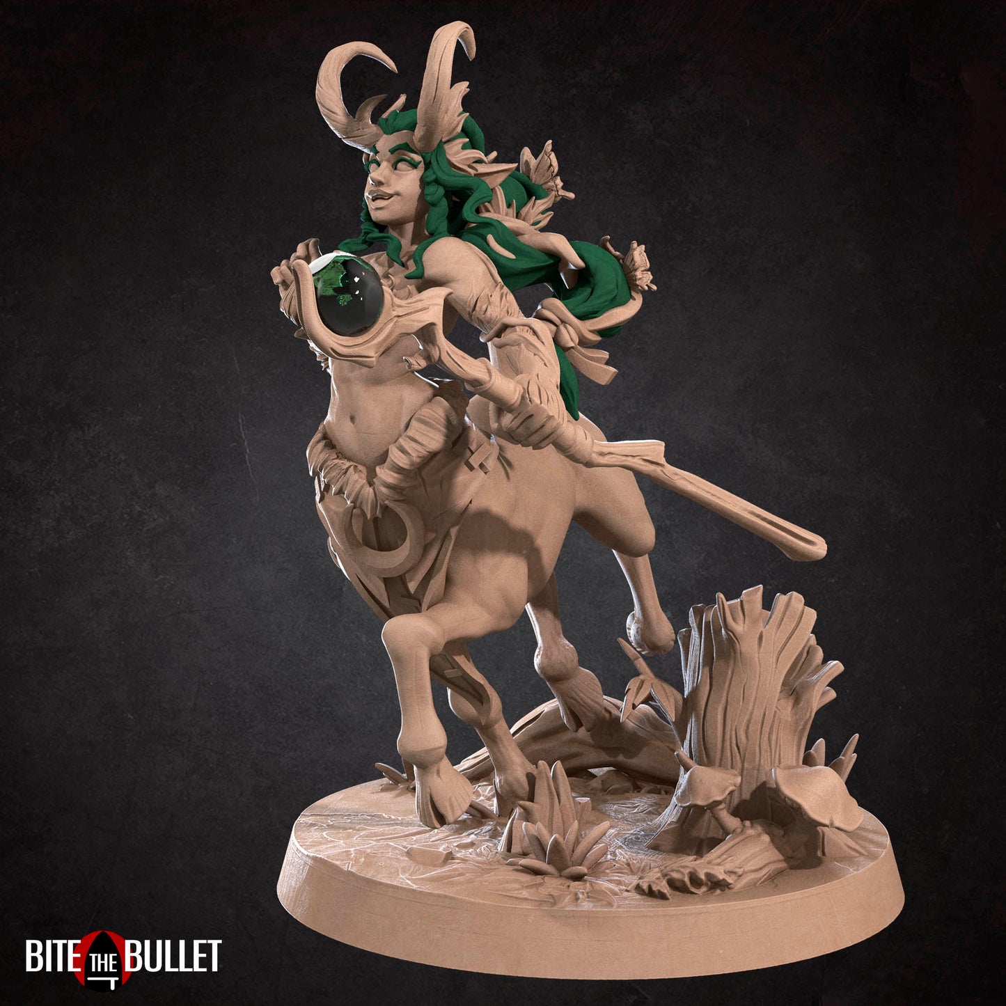 Horned centaur dryad resin miniature by Bite the Bullet. Version #1: staff with orb.