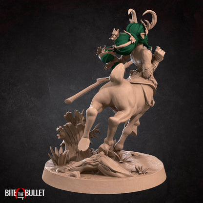 Horned centaur dryad resin miniature by Bite the Bullet. Version #1: staff with orb.