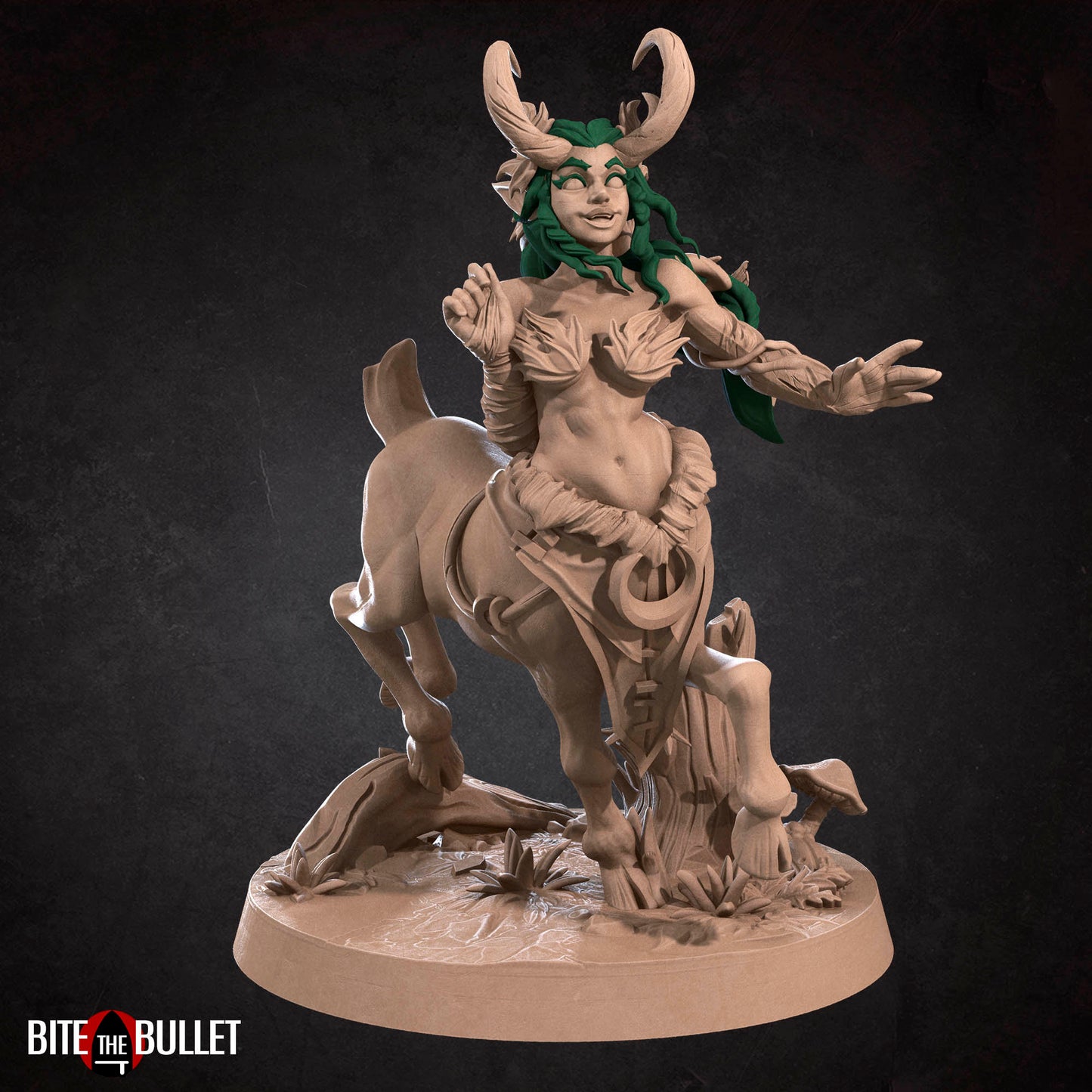 Horned centaur dryad resin miniature by Bite the Bullet. Version #2: empty hands.