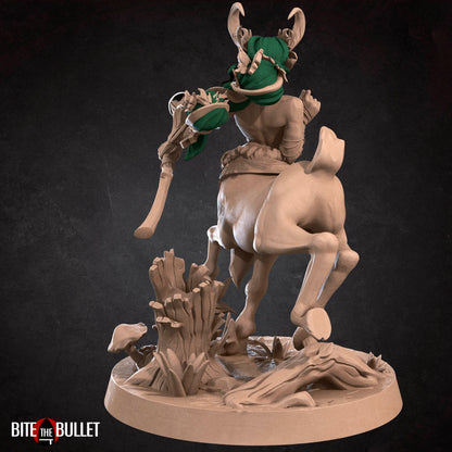 Horned centaur dryad resin miniature by Bite the Bullet. Version #1: staff with orb.