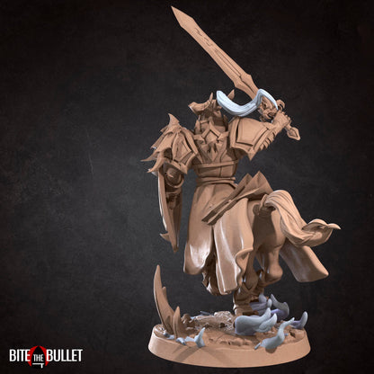 Horned centaur knight resin miniature by Bite the Bullet. Version #1: sword and shield.