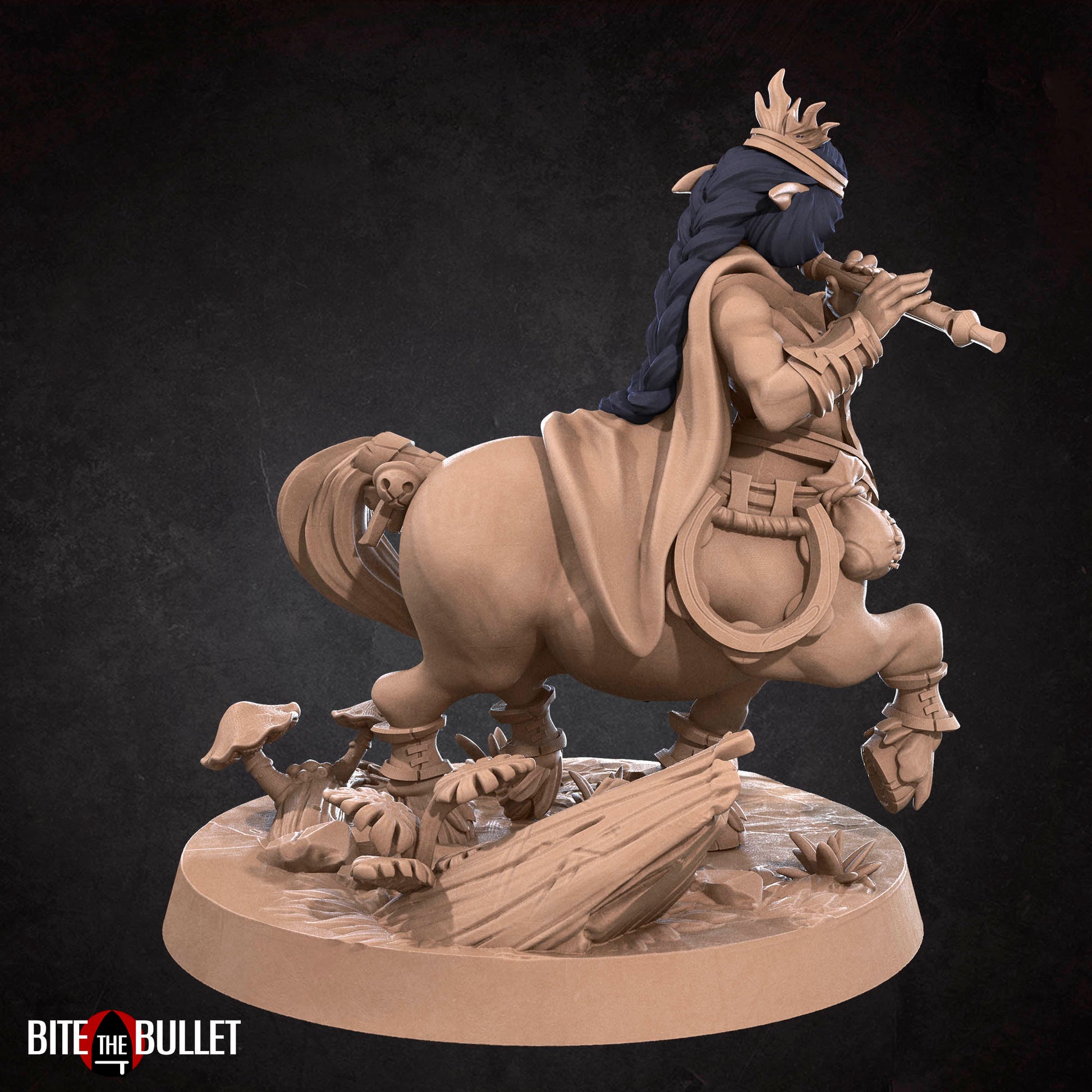 Centaur bard playing a flute; resin miniature by Bite the Bullet.