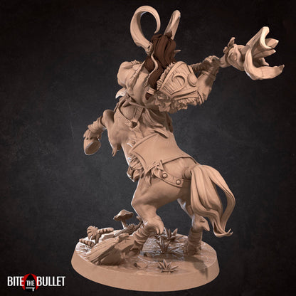 Centaur druid resin miniature by Bite the Bullet. Version #1: horns and a heavy staff.