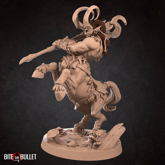 Centaur druid resin miniature by Bite the Bullet. Version #1: horns and a heavy staff.