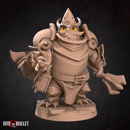 Owlfolk cleric (anthropomorphic owl) resin miniature by Bite the Bullet.