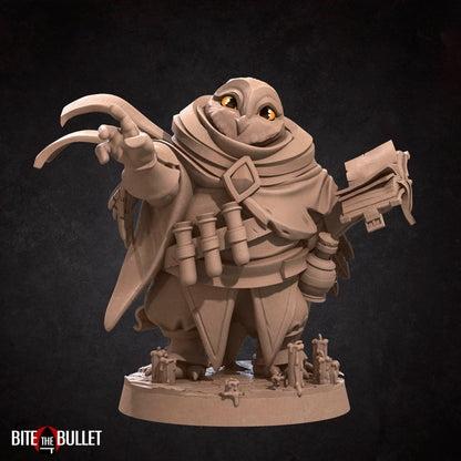 Owlfolk wizard (anthropomorphic owl) resin miniature by Bite the Bullet.