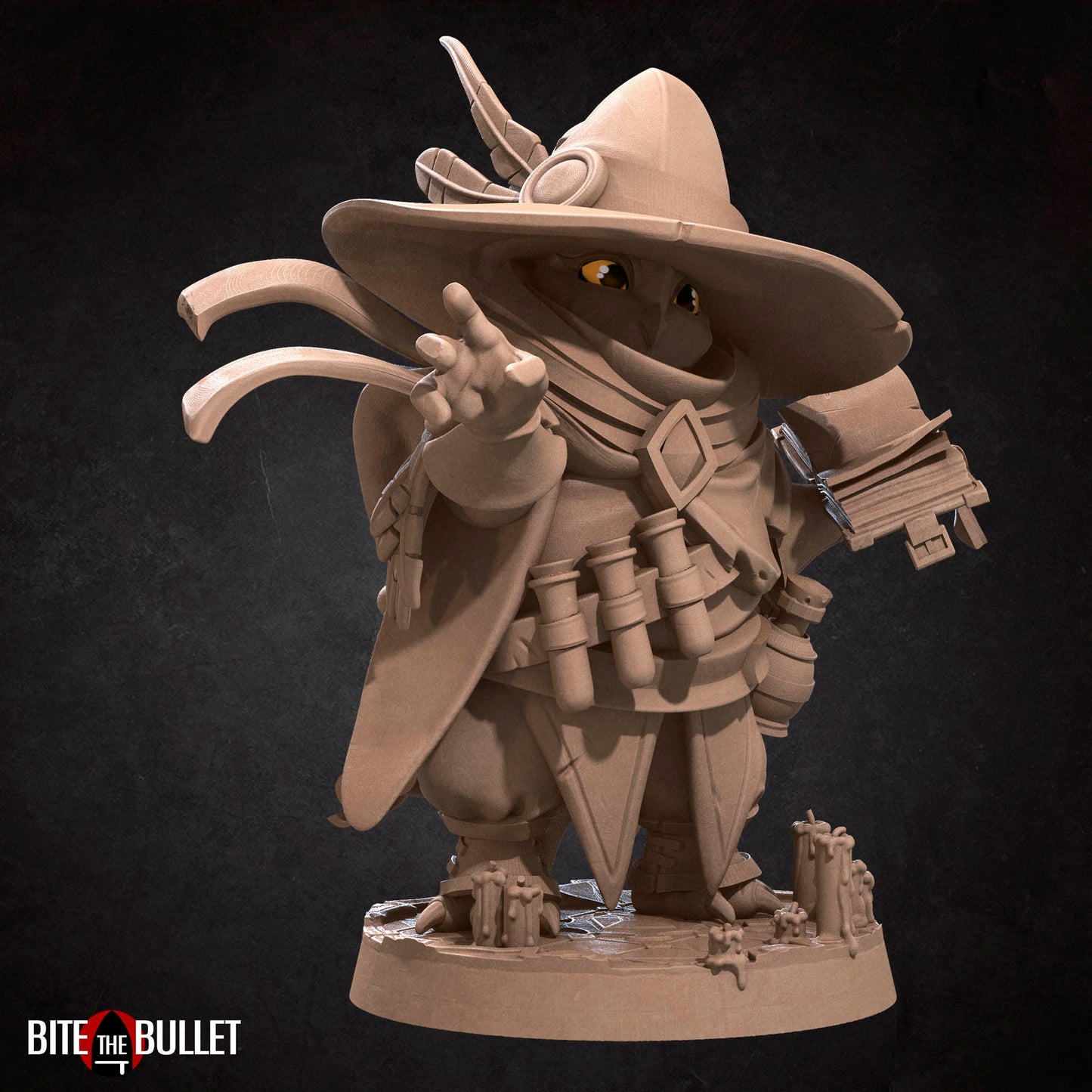 Owlfolk wizard (anthropomorphic owl) with hat; resin miniature by Bite the Bullet.