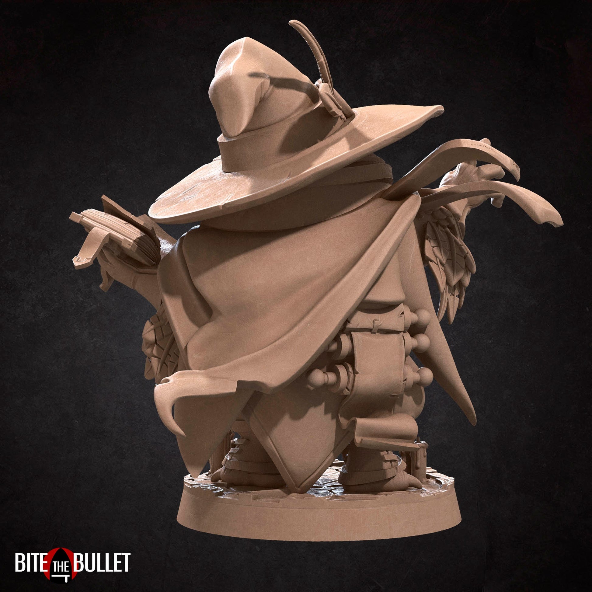 Owlfolk wizard (anthropomorphic owl) with hat; resin miniature by Bite the Bullet.