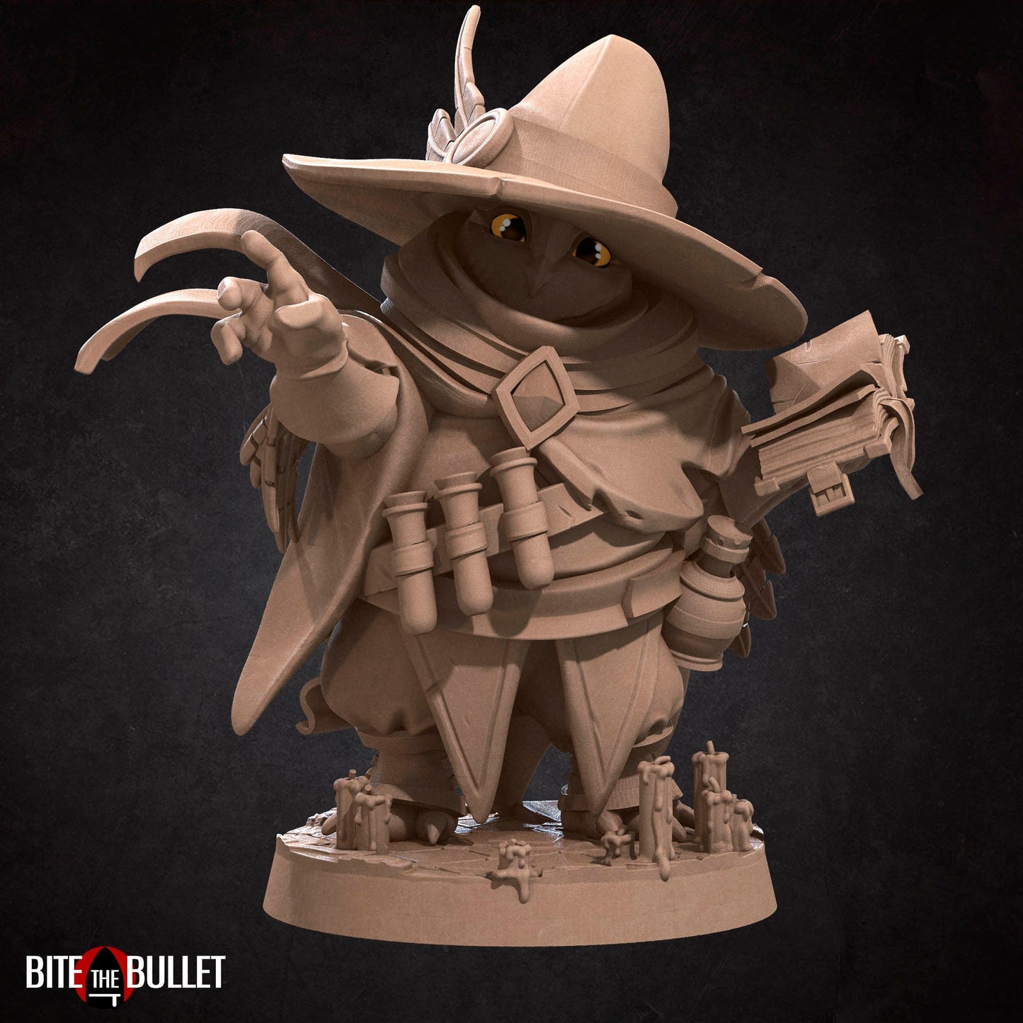 Owlfolk wizard (anthropomorphic owl) with hat; resin miniature by Bite the Bullet.