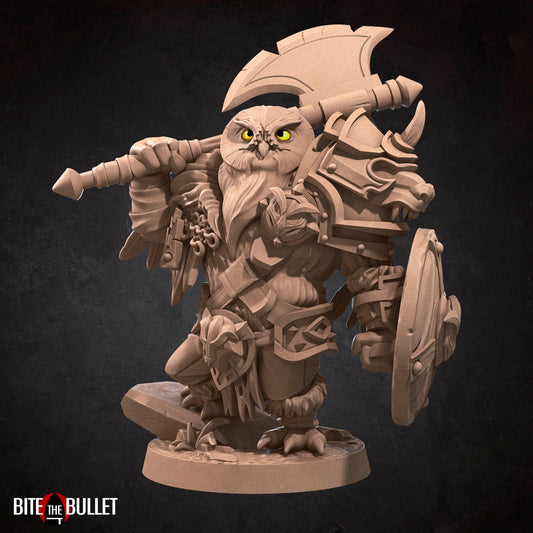 Owlfolk barbarian (anthropomorphic owl) resin miniature by Bite the Bullet.