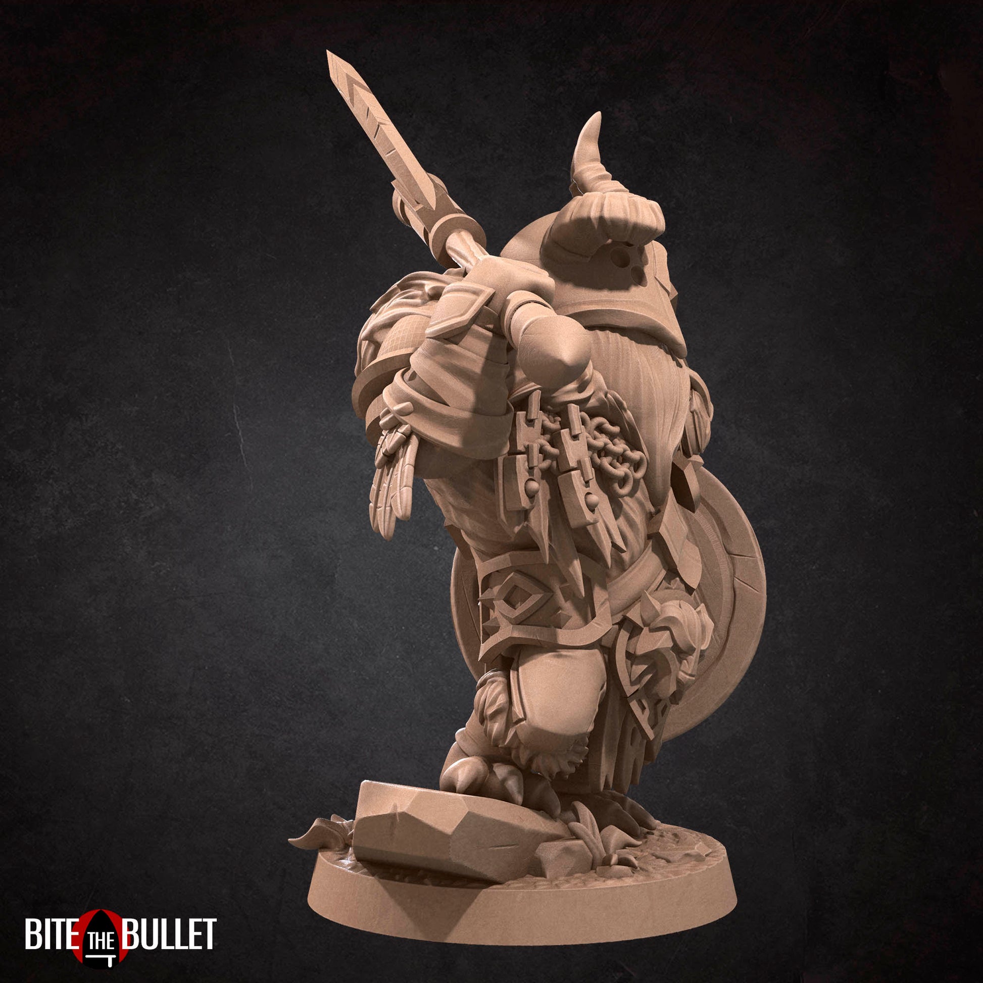 Owlfolk barbarian (anthropomorphic owl) resin miniature by Bite the Bullet.
