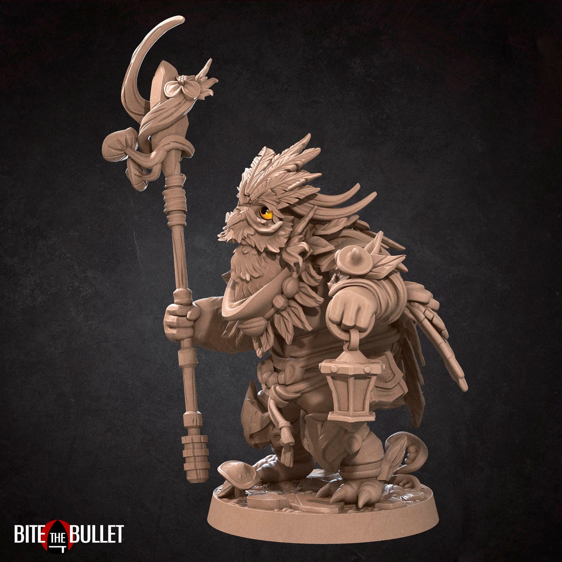 Owlfolk druid (anthropomorphic owl) resin miniature by Bite the Bullet.