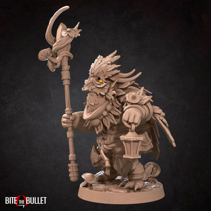Owlfolk druid (anthropomorphic owl) resin miniature by Bite the Bullet.