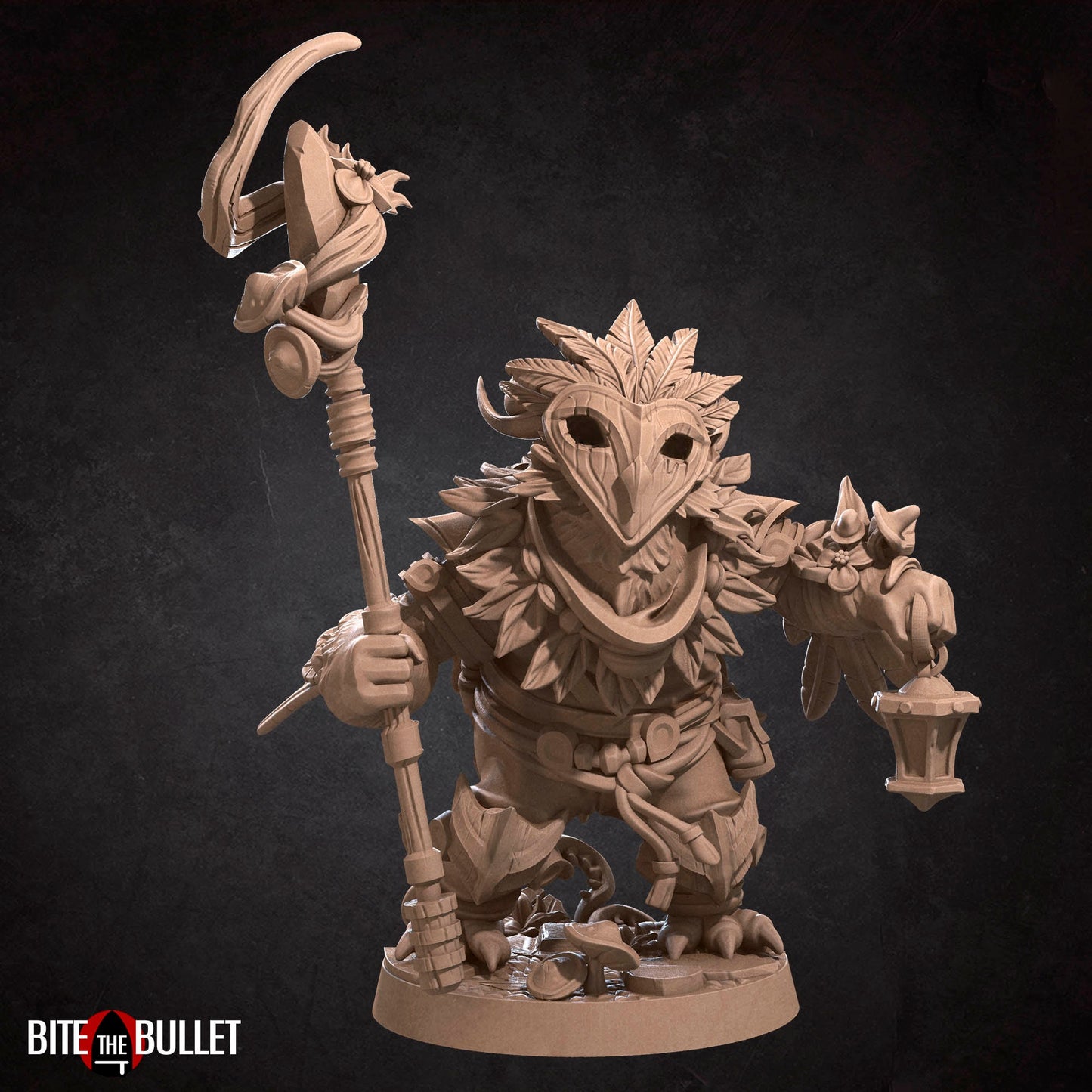 Owlfolk druid (anthropomorphic owl) resin miniature by Bite the Bullet.