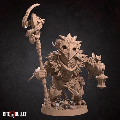 Owlfolk druid (anthropomorphic owl) resin miniature by Bite the Bullet.