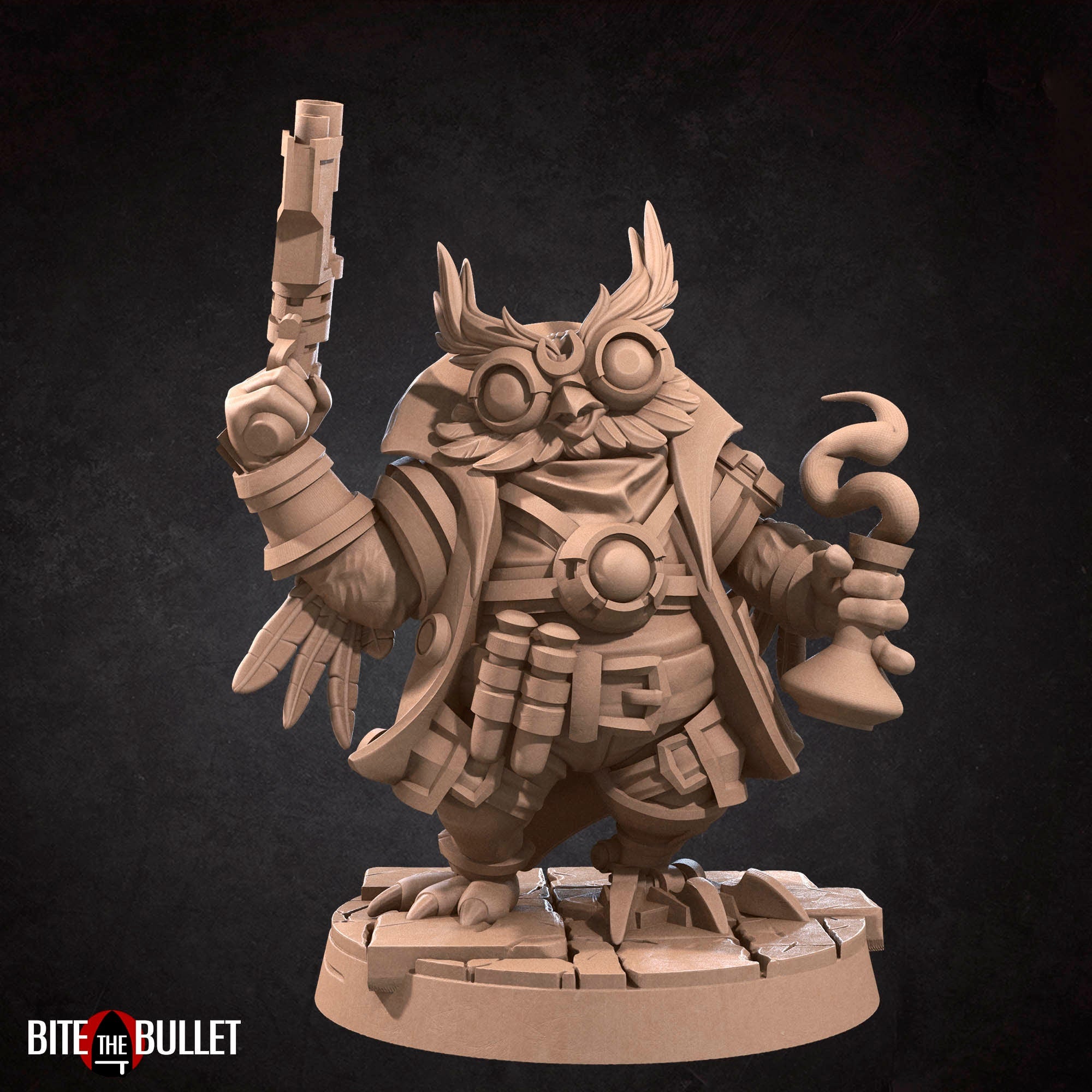 Owlfolk artificer/blacksmith (anthropomorphic owl) resin miniature by Bite the Bullet.