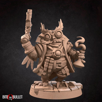 Owlfolk artificer/blacksmith (anthropomorphic owl) resin miniature by Bite the Bullet.