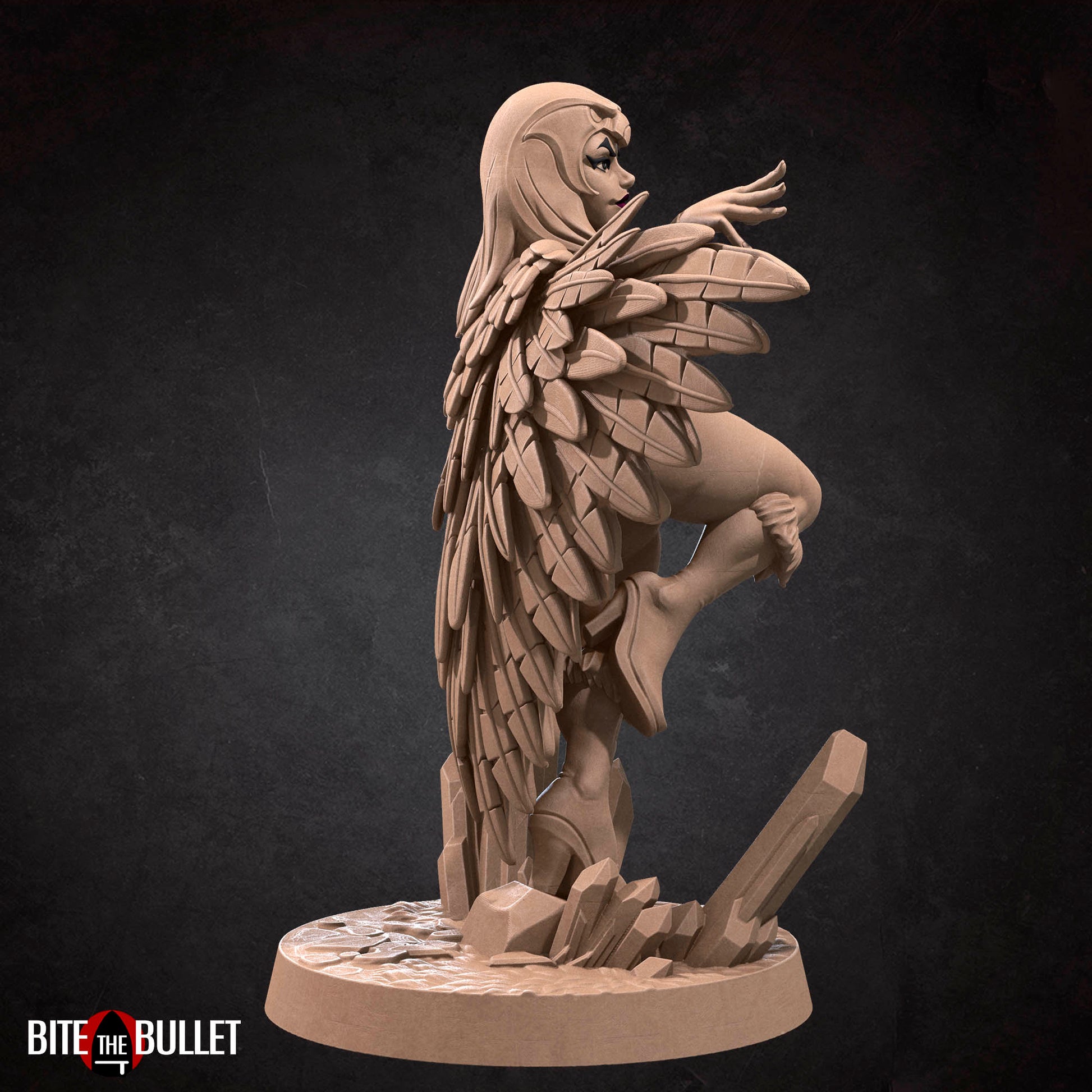 Marina the sorceress wearing a feathered cloak and owl headdress; resin miniature by Bite the Bullet.
