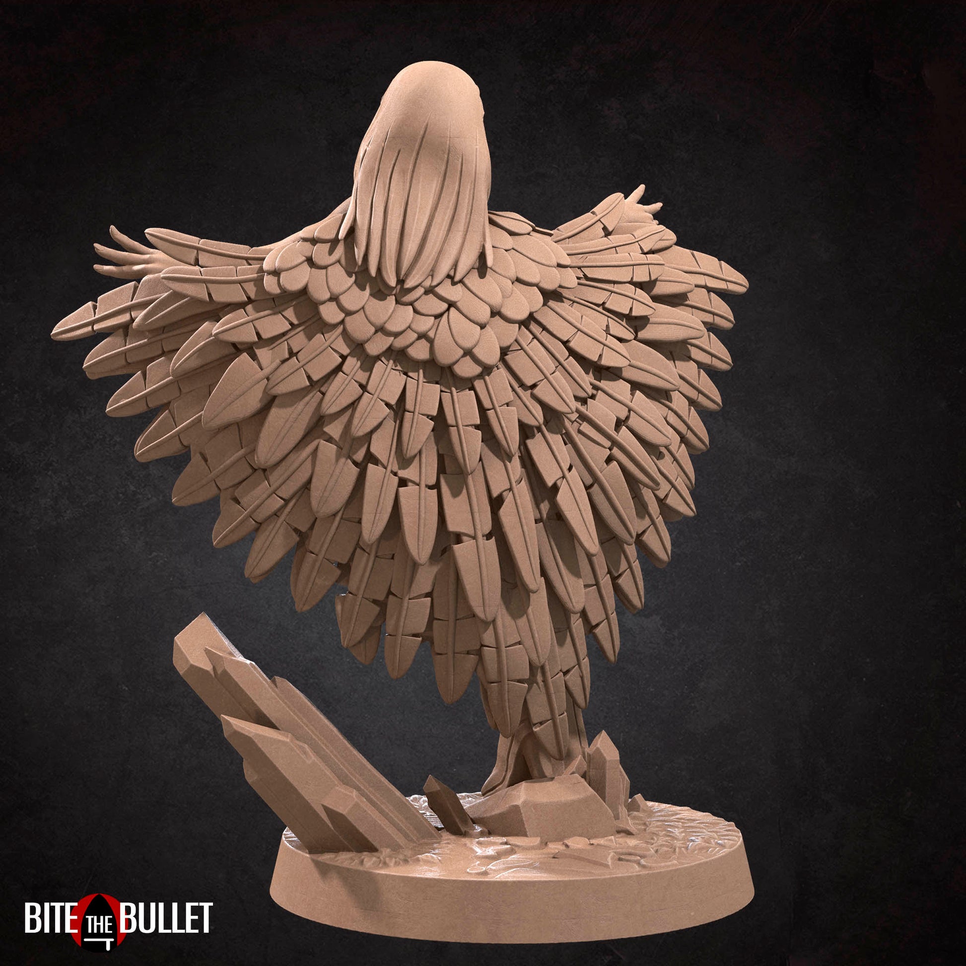 Marina the sorceress wearing a feathered cloak and owl headdress; resin miniature by Bite the Bullet.