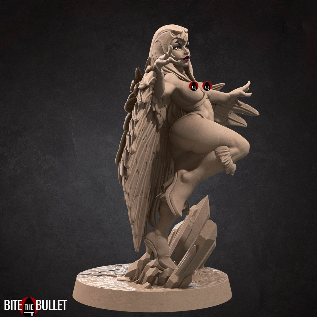 Marina the sorceress wearing a feathered cloak and owl headdress; resin miniature by Bite the Bullet. Censored topless image.