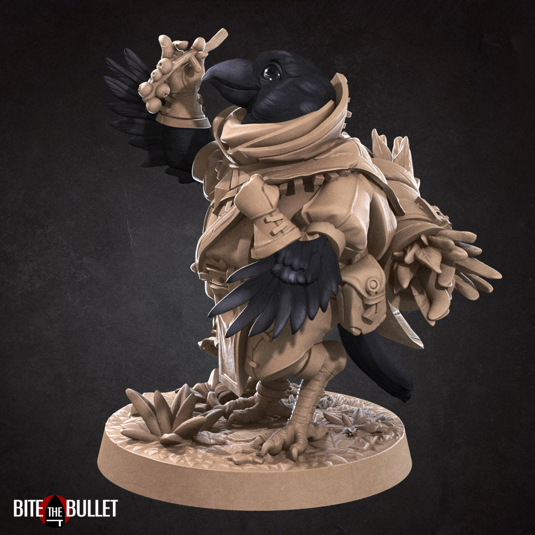 Kenku (anthropomorphic corvid) forager gathering herbs and berries; resin miniature by Bite the Bullet.