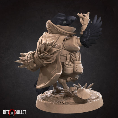Kenku (anthropomorphic corvid) forager gathering herbs and berries; resin miniature by Bite the Bullet.
