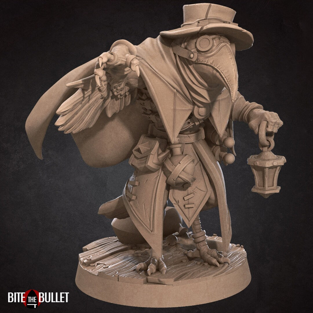 Kenku (anthropomorphic corvid) alchemist wearing a plague doctor mask and carrying a lantern; resin miniature by Bite the Bullet.