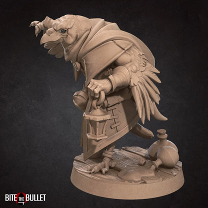 Kenku (anthropomorphic corvid) alchemist carrying a lantern; resin miniature by Bite the Bullet.