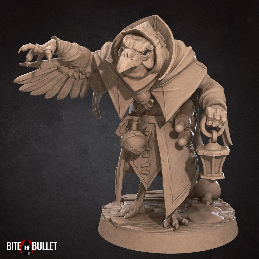 Hooded kenku (anthropomorphic corvid) alchemist carrying a lantern; resin miniature by Bite the Bullet.