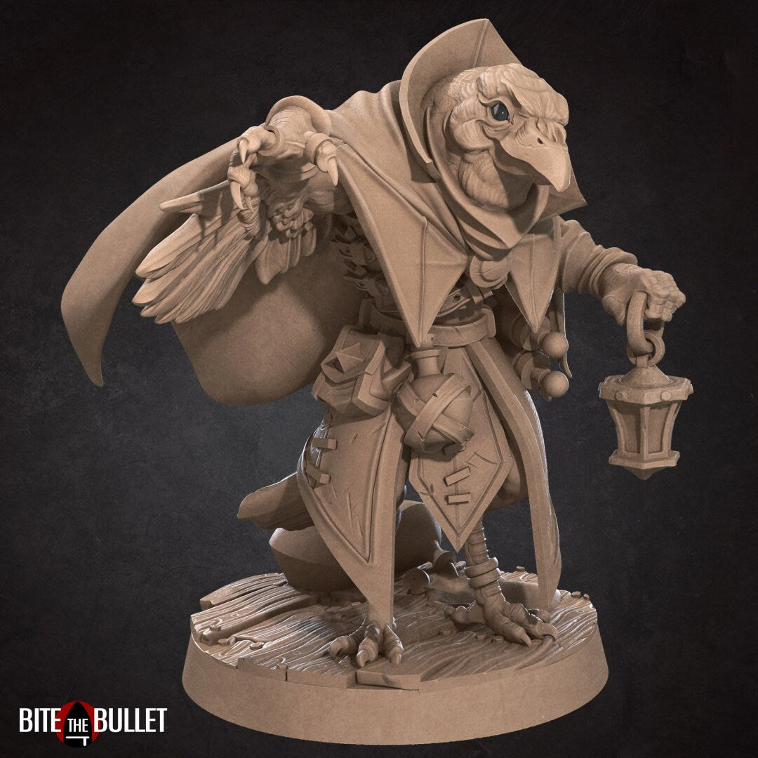 Kenku (anthropomorphic corvid) alchemist carrying a lantern; resin miniature by Bite the Bullet.