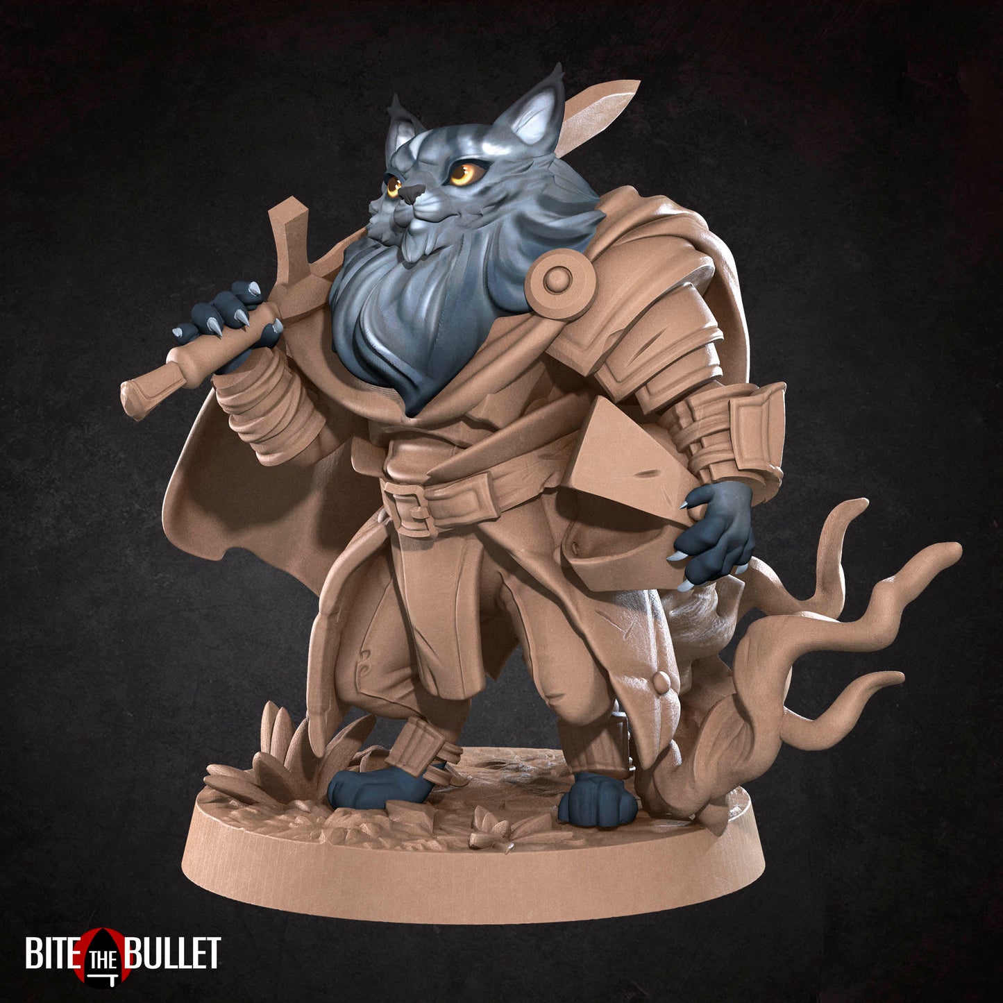 Anthropomorphic cat warrior carrying a helmet and sword; resin miniature by Bite the Bullet.