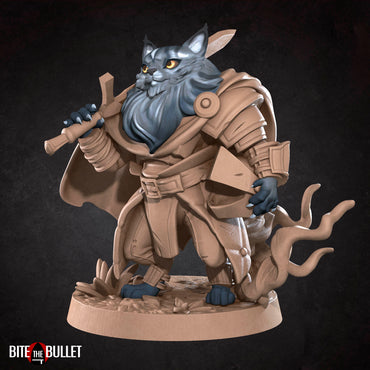 Anthropomorphic cat warrior carrying a helmet and sword; resin miniature by Bite the Bullet.