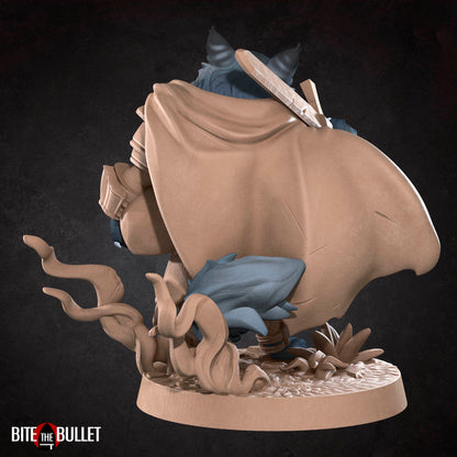 Anthropomorphic cat warrior carrying a helmet and sword; resin miniature by Bite the Bullet.