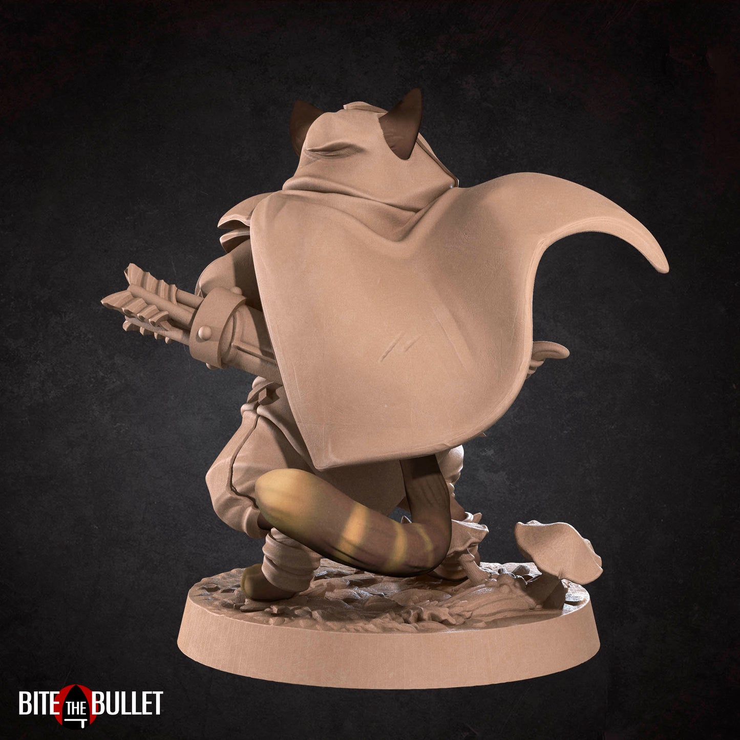 Anthropomorphic cat archer wearing a hooded cloak and holding a drawn bow; resin miniature by Bite the Bullet.