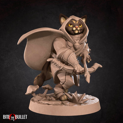 Anthropomorphic cat archer wearing a hooded cloak and holding a drawn bow; resin miniature by Bite the Bullet.