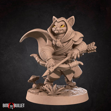 Anthropomorphic cat archer wearing a hooded cloak and holding a drawn bow; resin miniature by Bite the Bullet.