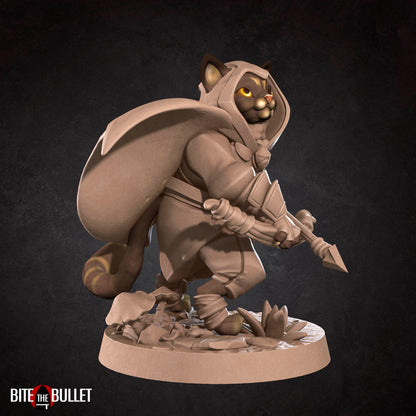 Anthropomorphic cat archer wearing a hooded cloak and holding a drawn bow; resin miniature by Bite the Bullet.