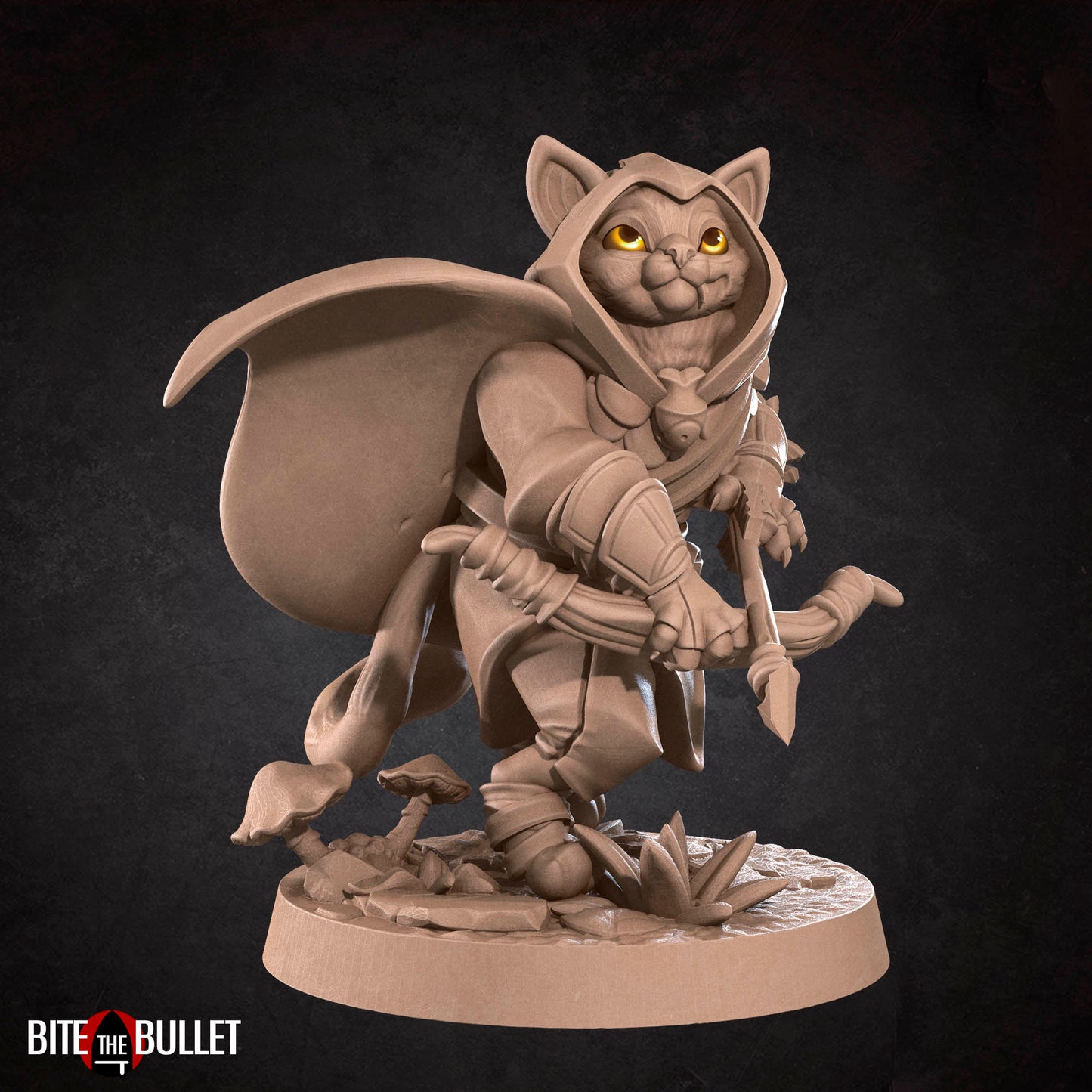 Anthropomorphic cat archer wearing a hooded cloak and holding a drawn bow; resin miniature by Bite the Bullet.