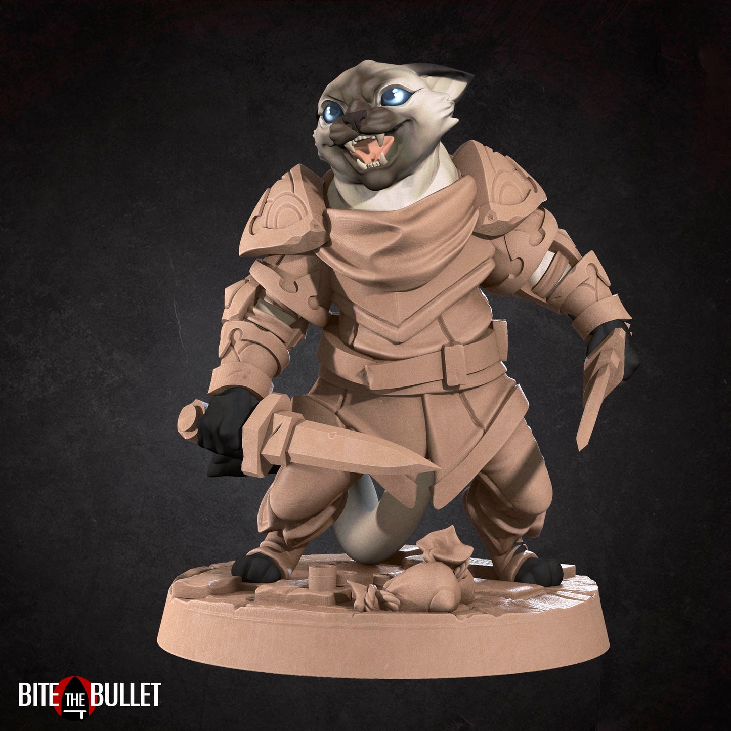 Anthropomorphic cat rogue wielding two short swords; resin miniature by Bite the Bullet.