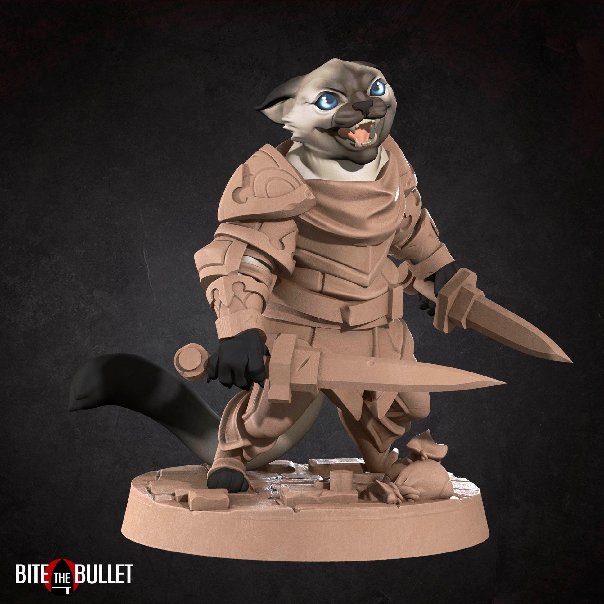 Anthropomorphic cat rogue wielding two short swords; resin miniature by Bite the Bullet.