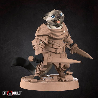 Anthropomorphic cat rogue wielding two short swords; resin miniature by Bite the Bullet.